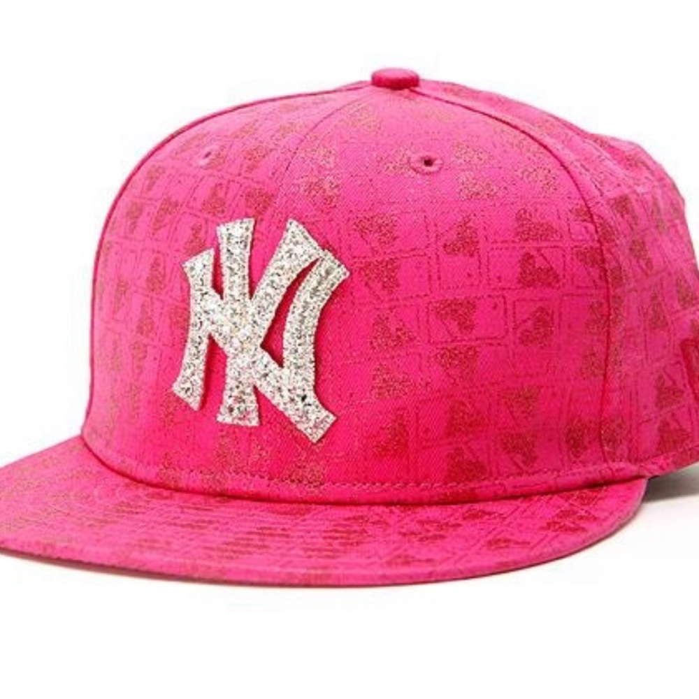 RARE- NY Yankees hat. Hot pink metallic with rhinestone logo.